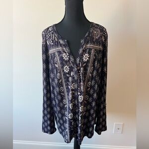 Style & Co. Navy Floral Tunic Button up Blouse roll tab sleeves Size XL
